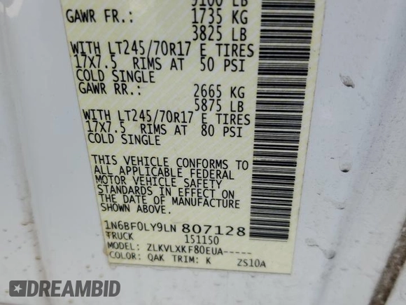 2020 Nissan NV Cargo S with VIN 1N6BF0LY9LN807128, listed as a Copart auction lot 61111855 with 111,074 mi miles and Non repairable. Bid and sale history available at DreamBid. Image 14.
