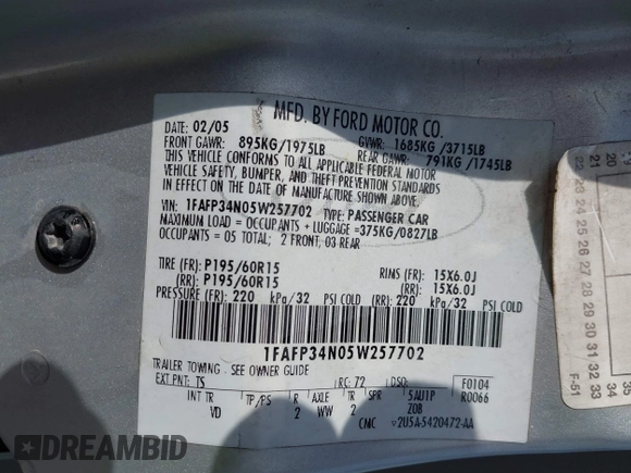 2005 Ford Focus S with VIN 1FAFP34N05W257702, listed as a IAAI auction lot 42023161 with 270,136 mi miles and . Bid and sale history available at carsss.com. Image 9.