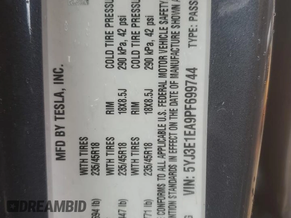 2023 Tesla Model 3 z VIN 5YJ3E1EA9PF699744, wystawiony jako Copart lot #56407215 z przebiegiem 5 201 mil mil oraz Szkoda całkowita • Salvage title. Historia ofert i sprzedaży dostępna na DreamBid. Obrazek 13.