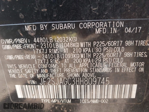 2017 Subaru Forester Premium with VIN JF2SJAGC3HH809745, listed as a IAAI auction lot 41883341 with 127,607 mi miles. Bid and sale history available at carsss.com. Image 9.