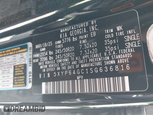 2025 Kia Telluride S z VIN 5XYP64GC1SG636816, wystawiony jako IAAI lot #42160219 z przebiegiem Nie podano mil oraz . Historia ofert i sprzedaży dostępna na DreamBid. Obrazek 9.