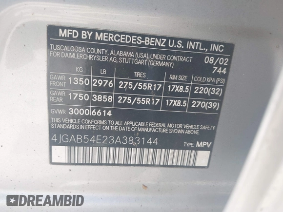 2003 Mercedes-Benz M-Class 3.2L with VIN 4JGAB54E23A383144, listed as a IAAI auction lot 41782124 with 148,084 mi miles. Bid and sale history available at carsss.com. Image 9.