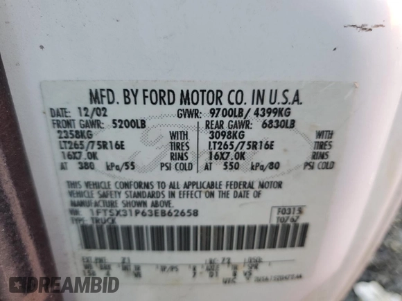 2003 Ford F-350 XL with VIN 1FTSX31P63EB62658, listed as a Copart auction lot 84054284 with 227,705 mi miles and Salvage Title. Bid and sale history available at DreamBid. Image 12.