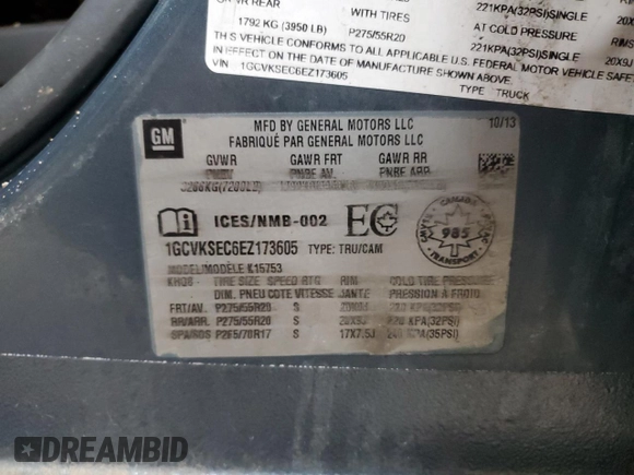 2014 Chevrolet Silverado 1500 LTZ with VIN 1GCVKSEC6EZ173605, listed as a Copart auction lot 53438635 with 167,808 mi miles and Clean Title. Bid and sale history available at DreamBid. Image 12.