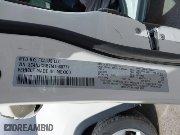 2021 Jeep Compass Latitude with VIN 3C4NJCBB7MT580777, listed as a IAAI auction lot 41813784 with 41,326 mi miles and . Bid and sale history available at DreamBid. Image 9.