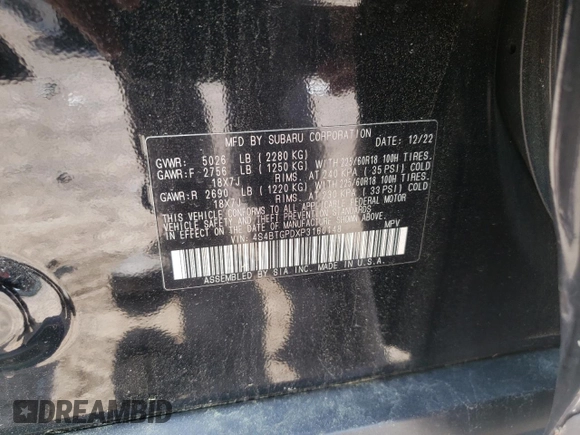 2023 Subaru Outback Touring XT with VIN 4S4BTGPDXP3160148, listed as a Copart auction lot 62663635 with 38,022 mi miles and Salvage title. Bid and sale history available at DreamBid. Image 13.