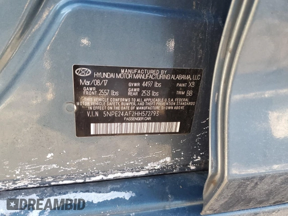2017 Hyundai Sonata 2.4L with VIN 5NPE24AF2HH572793, listed as a Copart auction lot 46319855 with 150,244 mi miles and Salvage Title. Bid and sale history available at DreamBid. Image 14.