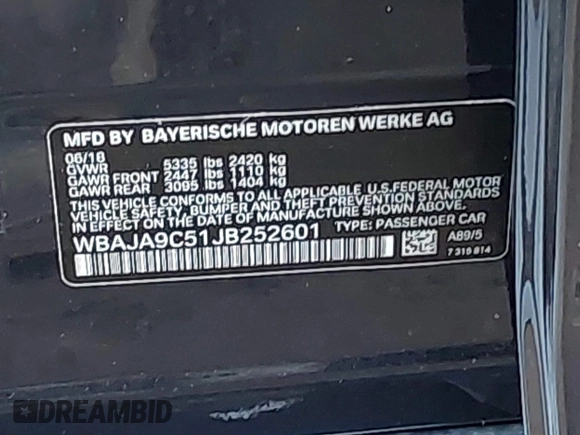 2018 BMW 5 Series 530e with VIN WBAJA9C51JB252601, listed as a IAAI auction lot 41491422 with 35,148 mi miles and . Bid and sale history available at DreamBid. Image 9.