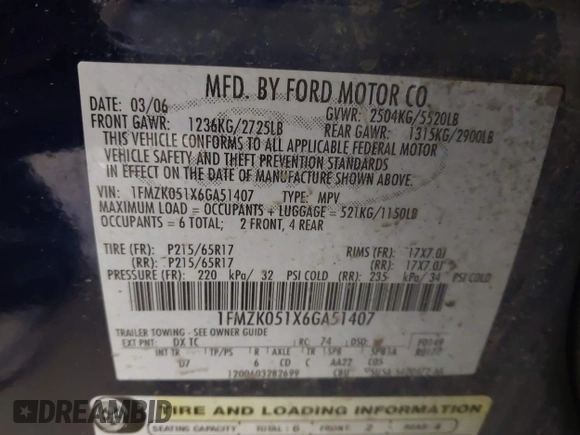2006 Ford Freestyle SEL with VIN 1FMZK051X6GA51407, listed as a IAAI auction lot 42234312 with Not provided miles and . Bid and sale history available at DreamBid. Image 9.
