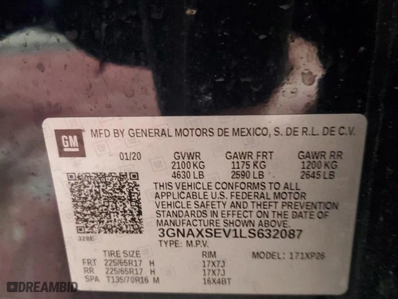 2020 Chevrolet Equinox LS with VIN 3GNAXSEV1LS632087, listed as a Copart auction lot 52703455 with 58,814 mi miles and Salvage Title. Bid and sale history available at carsss.com. Image 13.