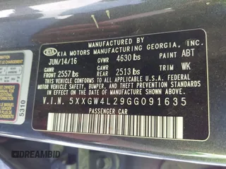 2016 Kia Optima SX Turbo with VIN 5XXGW4L29GG091635, listed as a IAAI auction lot 41884813 with 121,764 mi miles and . Bid and sale history available at carsss.com. Image 9.