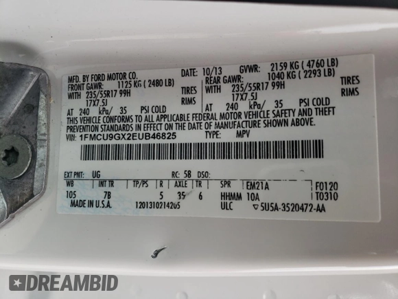 2014 Ford Escape SE with VIN 1FMCU9GX2EUB46825, listed as a Copart auction lot 44631105 with 133,827 mi miles and Salvage Title. Bid and sale history available at carsss.com. Image 14.
