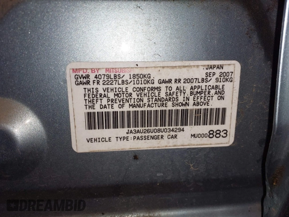2008 Mitsubishi Lancer DE with VIN JA3AU26U08U034294, listed as a IAAI auction lot 42158892 with 50,467 mi miles. Bid and sale history available at carsss.com. Image 9.