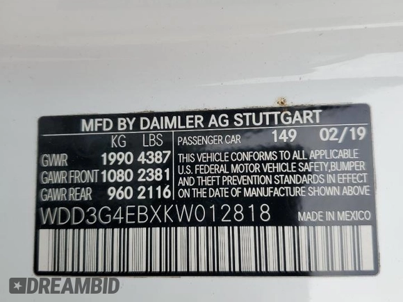 2019 Mercedes-Benz A 220 with VIN WDD3G4EBXKW012818, listed as a Copart auction lot 45369735 with Not Provided miles and Salvage Title. Bid and sale history available at DreamBid. Image 12.