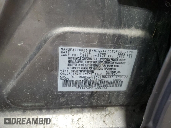 2017 Nissan Sentra SV with VIN 3N1AB7AP3HY206288, listed as a Copart auction lot 59422415 with 136,201 mi miles and Salvage title. Bid and sale history available at DreamBid. Image 13.