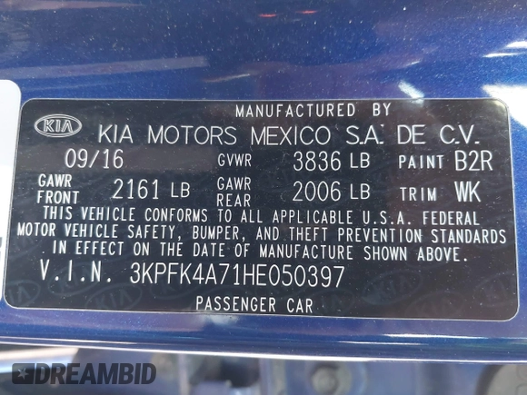2017 Kia Forte LX with VIN 3KPFK4A71HE050397, listed as a IAAI auction lot 41758261 with 114,488 mi miles. Bid and sale history available at carsss.com. Image 9.