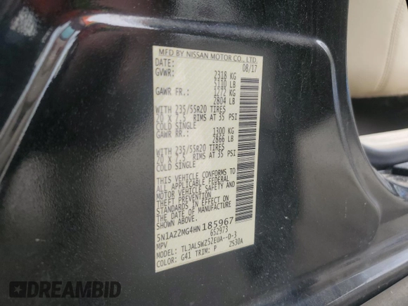2017 Nissan Murano SL z VIN 5N1AZ2MG4HN185967, wystawiony jako Copart lot #51345485 z przebiegiem 72 081 mil mil oraz Szkoda całkowita • Salvage title. Historia ofert i sprzedaży dostępna na DreamBid. Obrazek 14.