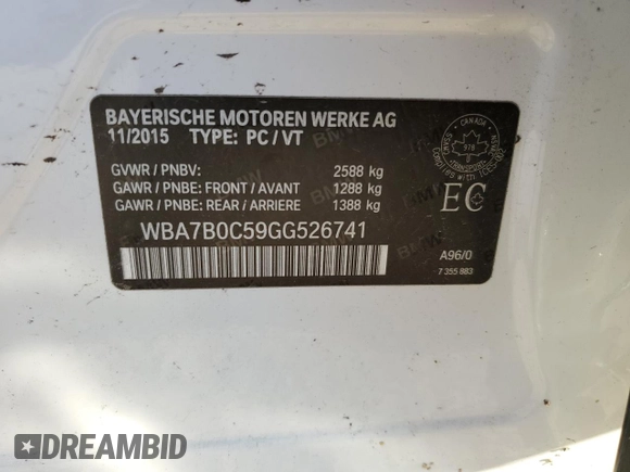 2016 BMW 7 Series 750i xDrive with VIN WBA7B0C59GG526741, listed as a Copart auction lot 86312384 with 90,360 mi miles and Salvage title. Bid and sale history available at DreamBid. Image 13.