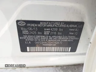 2013 Hyundai Sonata GLS with VIN 5NPEB4AC1DH742870, listed as a IAAI auction lot 42082853 with 145,078 mi miles and . Bid and sale history available at carsss.com. Image 9.