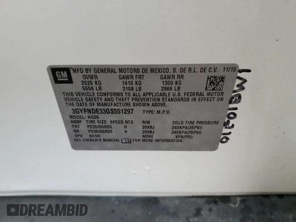 2016 Cadillac SRX Premium Collection with VIN 3GYFNDE33GS551297, listed as a Copart auction lot 85690144 with 115,542 mi miles and Clean title. Bid and sale history available at DreamBid. Image 13.