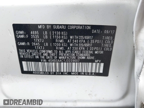 2018 Subaru Outback with VIN 4S4BSAAC1J3229607, listed as a IAAI auction lot 42348899 with 78,548 mi miles and . Bid and sale history available at DreamBid. Image 9.