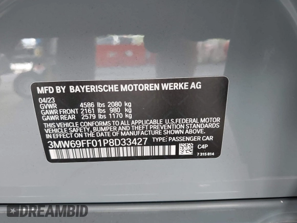 2023 BMW 3 Series 330i with VIN 3MW69FF01P8D33427, listed as a IAAI auction lot 42461734 with 15,587 mi miles and . Bid and sale history available at DreamBid. Image 9.
