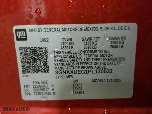 2023 Chevrolet Equinox LT with VIN 3GNAXUEG1PL130533, listed as a Copart auction lot 44833205 with 47,153 mi miles and Non Repairable. Bid and sale history available at carsss.com. Image 13.