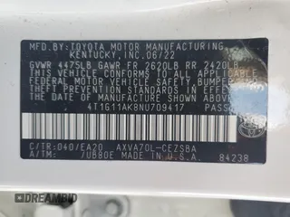 2022 Toyota Camry SE z VIN 4T1G11AK8NU709417, wystawiony jako Copart lot #57153185 z przebiegiem 20 314 mil mil oraz Szkoda całkowita • Salvage title. Historia ofert i sprzedaży dostępna na DreamBid. Obrazek 12.
