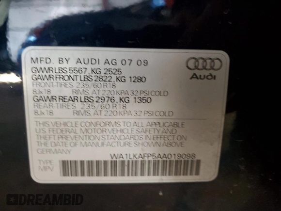2010 Audi Q5 Premium Plus z VIN WA1LKAFP5AA019098, wystawiony jako Copart lot #49642785 z przebiegiem 151 596 mil mil oraz Szkoda całkowita • Salvage title. Historia ofert i sprzedaży dostępna na DreamBid. Obrazek 13.