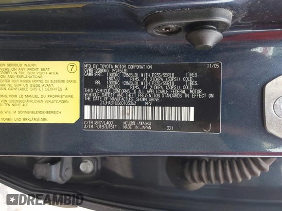 2006 Lexus RX 330 with VIN JTJHA31U060103363, listed as a IAAI auction lot 41182661 with 137,223 mi miles and . Bid and sale history available at DreamBid. Image 9.