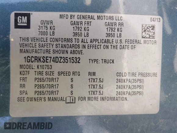 2013 Chevrolet Silverado 1500 LT with VIN 1GCRKSE74DZ351532, listed as a IAAI auction lot 42052732 with 232,992 mi miles and . Bid and sale history available at DreamBid. Image 9.