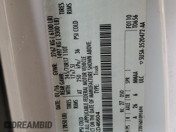 2016 Ford F-150 XL z VIN 1FTMF1C89GKD46604, wystawiony jako Copart lot #58779425 z przebiegiem 285 641 mil mil oraz Szkoda całkowita • Salvage title. Historia ofert i sprzedaży dostępna na DreamBid. Obrazek 12.