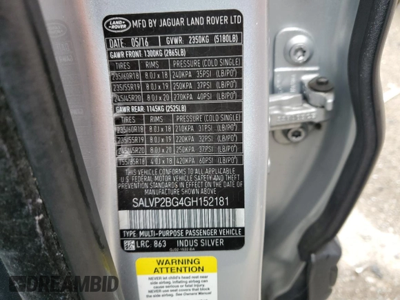 2016 Land Rover Range Rover Evoque SE with VIN SALVP2BG4GH152181, listed as a Copart auction lot 58234905 with Not provided miles and Clean title. Bid and sale history available at DreamBid. Image 13.