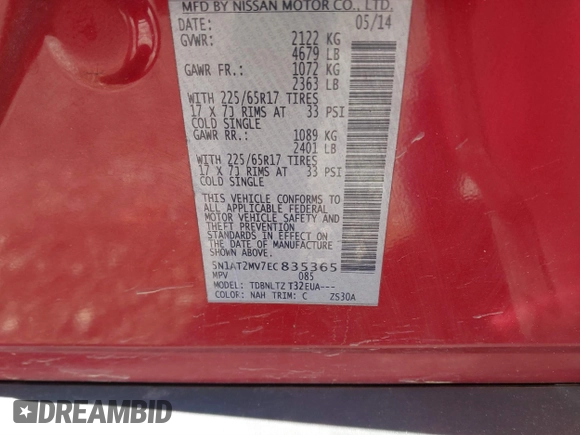 2014 Nissan Rogue S with VIN 5N1AT2MV7EC835365, listed as a IAAI auction lot 41585770 with 128,956 mi miles. Bid and sale history available at carsss.com. Image 9.