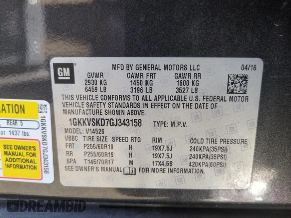 2016 GMC Acadia SLT with VIN 1GKKVSKD7GJ343158, listed as a Copart auction lot 50161735 with 128,785 mi miles and Salvage Title. Bid and sale history available at carsss.com. Image 14.