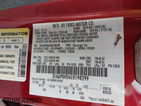 2014 Ford Fusion SE with VIN 3FA6P0HD6ER198299, listed as a IAAI auction lot 42020385 with 128,669 mi miles. Bid and sale history available at carsss.com. Image 9.