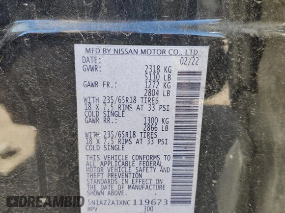 2022 Nissan Murano S with VIN 5N1AZ2AJXNC119673, listed as a Copart auction lot 81712064 with 131,227 mi miles and Salvage Title. Bid and sale history available at DreamBid. Image 13.