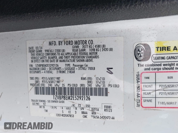 2014 Ford Mustang V6 with VIN 1ZVBP8EM2E5292126, listed as a IAAI auction lot 42117315 with 116,099 mi miles and . Bid and sale history available at DreamBid. Image 9.