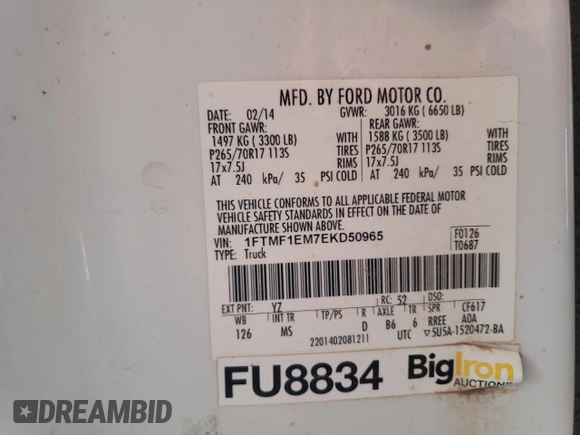 2014 Ford F-150 XL with VIN 1FTMF1EM7EKD50965, listed as a Copart auction lot 49637455 with 128,797 mi miles and Clean Title. Bid and sale history available at DreamBid. Image 12.