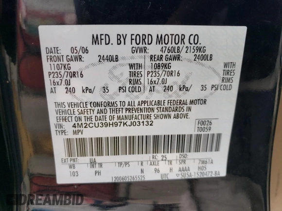 2007 Mercury Mariner with VIN 4M2CU39H97KJ03132, listed as a Copart auction lot 61134654 with 263,005 mi miles and Salvage title. Bid and sale history available at DreamBid. Image 12.