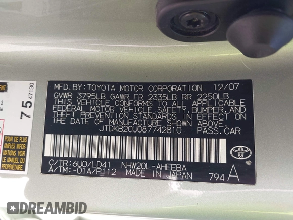 2008 Toyota Prius with VIN JTDKB20U087742810, listed as a IAAI auction lot 41829119 with 183,136 mi miles. Bid and sale history available at carsss.com. Image 9.