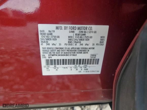 2019 Ford Edge Titanium with VIN 2FMPK3K90KBC31922, listed as a Copart auction lot 42017345 with 143,902 mi miles and Salvage Title. Bid and sale history available at carsss.com. Image 16.