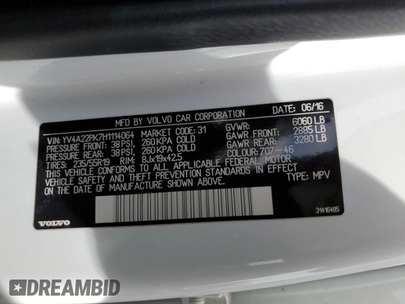 2017 Volvo XC90 Momentum z VIN YV4A22PK7H1114064, wystawiony jako Copart lot #58829035 z przebiegiem 65 938 mil mil oraz Szkoda całkowita • Salvage title. Historia ofert i sprzedaży dostępna na DreamBid. Obrazek 13.