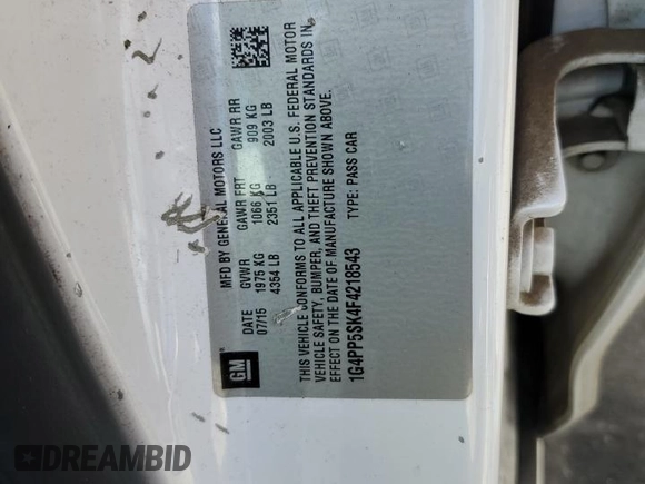 2015 Buick Verano с VIN 1G4PP5SK4F4218543, выставлен на аукционе Copart как лот 53806615 с пробегом 60 906 миль миль и Списание • Salvage title. История ставок и продаж доступна на DreamBid. Изображение 14.