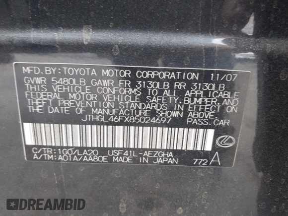 2008 Lexus LS 460 L with VIN JTHGL46FX85024697, listed as a IAAI auction lot 42085801 with 141,348 mi miles and . Bid and sale history available at DreamBid. Image 9.