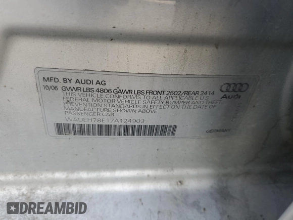 2007 Audi A4 z VIN WAUEH78E17A124903, wystawiony jako Copart lot #82491874 z przebiegiem 138 801 mil mil oraz Czysty tytuł • Clean title. Historia ofert i sprzedaży dostępna na DreamBid. Obrazek 12.