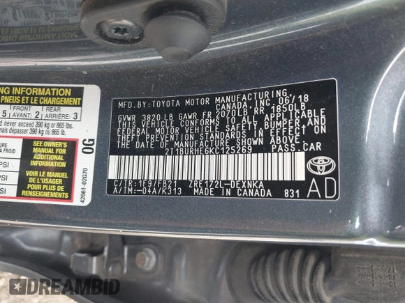 2019 Toyota Corolla L with VIN 2T1BURHE6KC125269, listed as a IAAI auction lot 42082877 with 106,308 mi miles and . Bid and sale history available at carsss.com. Image 9.