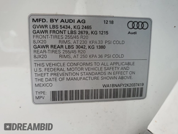 2019 Audi Q5 Premium Plus with VIN WA1BNAFY2K2037419, listed as a Copart auction lot 63625595 with 62,152 mi miles and Salvage title. Bid and sale history available at DreamBid. Image 13.