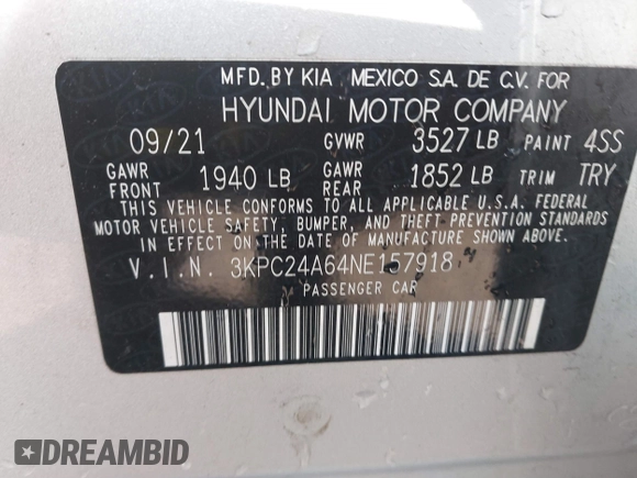 2022 Hyundai Accent SE with VIN 3KPC24A64NE157918, listed as a IAAI auction lot 41444230 with 24,912 mi miles. Bid and sale history available at carsss.com. Image 9.