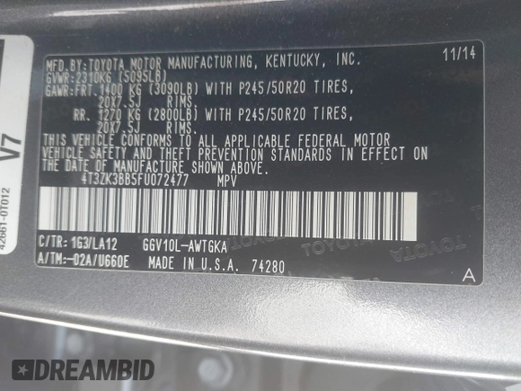 2015 Toyota Venza XLE with VIN 4T3ZK3BB5FU072477, listed as a IAAI auction lot 41837044 with 172,719 mi miles and . Bid and sale history available at DreamBid. Image 9.
